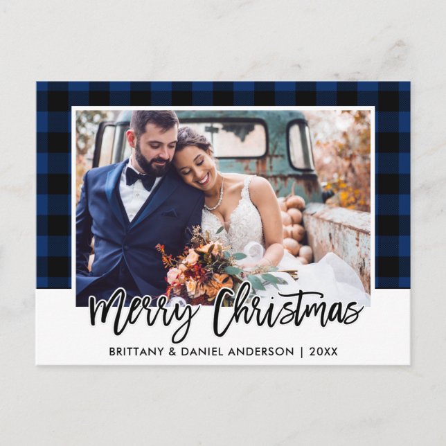 Carte Postale Brush Script bleu Plaid Mariage photo Noël (Devant)