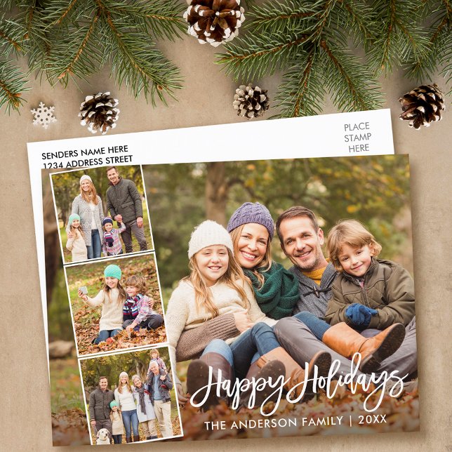 Carte Postale Brush Script Joyeux Vacances Famille 4 Photo (Customize to change your personalized text size or text style.)