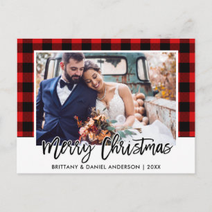 Carte Postale Brush Script Red Plaid Mariage Photo Noël