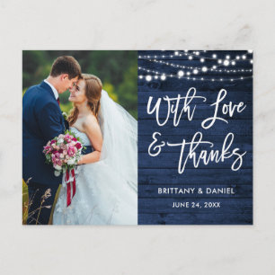Carte Postale Brush Script Rustic Blue Wood Love Merci Mariage
