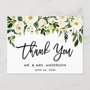 Carte Postale Brush Script vert blanc Mariage Floral Merci