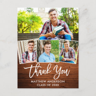 Carte Postale Brush Script Wood 4 Photo Graduation Merci