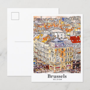 Carte Postale Bruxelles Belgique Aquarelle Voyage Main tirée