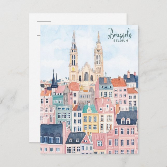 Carte Postale Bruxelles Belgique Peinture Gouache Illustration V (Devant / Derrière)