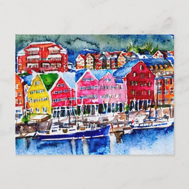 Carte Postale bryggen bergen nordique aquarelle (Devant)