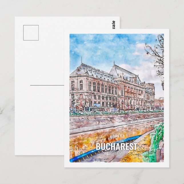 Carte Postale Bucarest Roumanie Fameux Travel Place Aquarelle (Devant / Derrière)