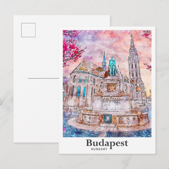 Carte Postale Budapest Hongrie Aquarelle Voyage Main tirée (Devant / Derrière)