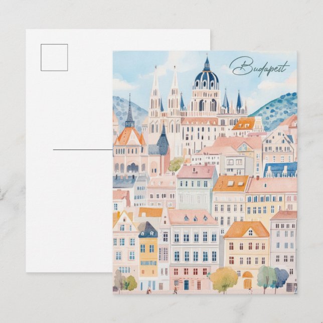 Carte Postale Budapest Hongrie Gouache Peinture Illustration Voy (Devant / Derrière)