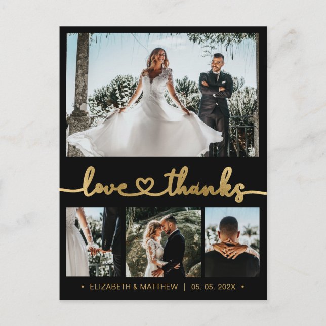 Carte Postale Budget 4 Photo Black Gold Mariage Merci (Devant)