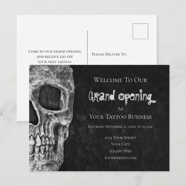 Carte Postale Budget crâne Grand ouverture Black White Tattoo Sh (Devant / Derrière)