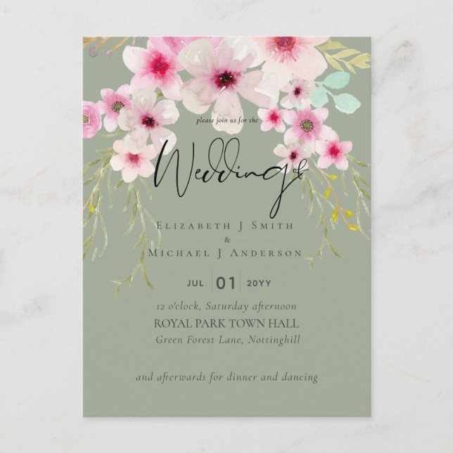 Carte Postale Budget du script de Mariage floral rose vif (Devant)