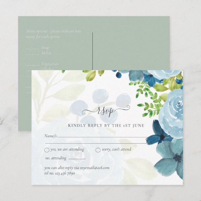 Carte Postale Budget Dusty Blue Floral Mariage (Devant / Derrière)