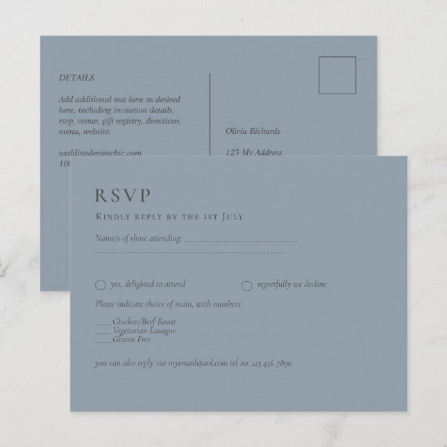 Carte Postale Budget Dusty Blue Monochrome Mariage RSVP (Devant / Derrière)