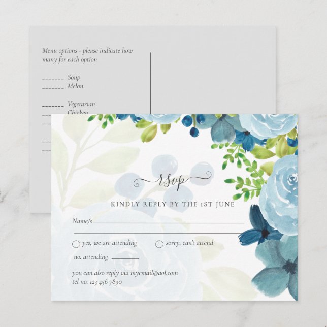 Carte Postale Budget Fleurs Bleu Poussiéreux Mariage Sage (Devant / Derrière)
