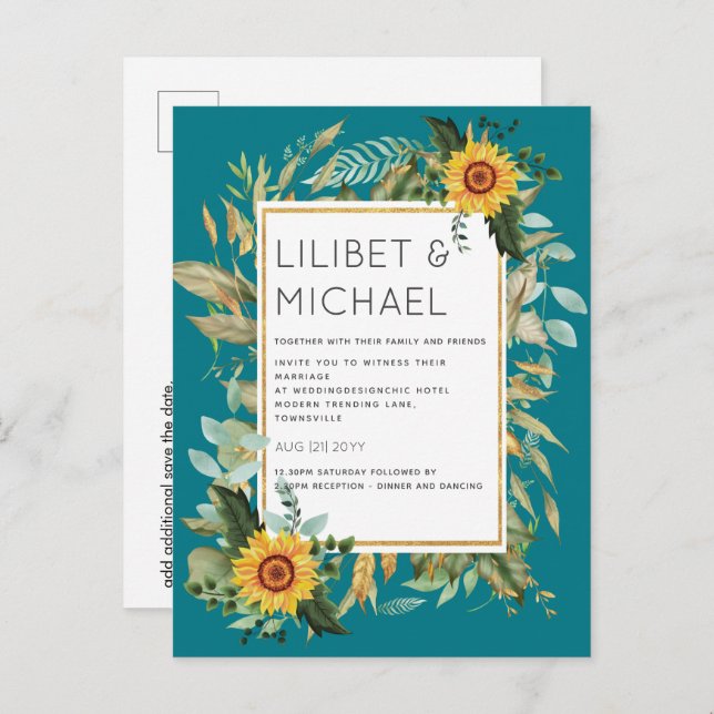 Carte Postale Budget Fleurs de soleil rustiques BOHO Mariage ver (Devant / Derrière)