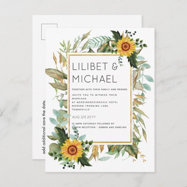 Carte Postale Budget Fleurs de soleil rustiques BOHO Mariage ver (Devant / Derrière)