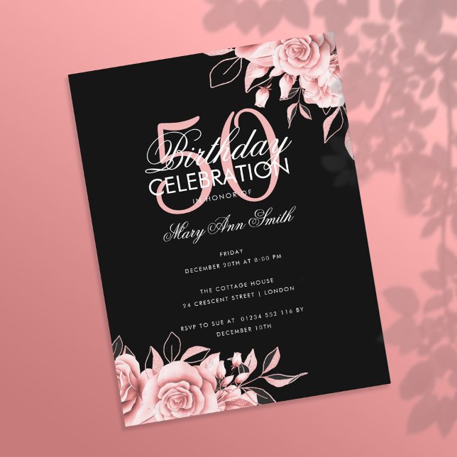 Carte Postale Budget Floral Anniversaire Rose Gold & Black (Créateur téléchargé)