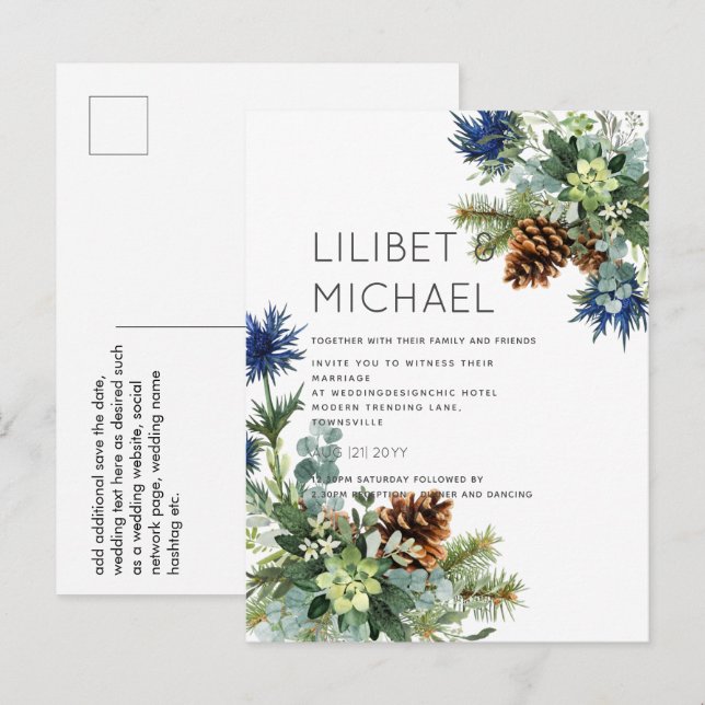Carte Postale BUDGET Hiver Bleu Chardon Mariage Eucalyptus (Devant / Derrière)