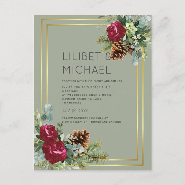 Carte Postale BUDGET Mariage d'hiver Rose Bourgogne Eucalyptus (Devant)