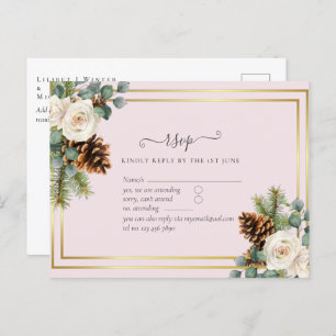 Carte Postale BUDGET Mariage d'hiver Roses blanches Or Dusty Ble