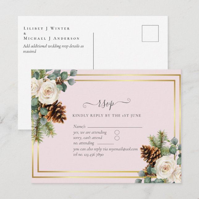 Carte Postale BUDGET Mariage d'hiver Roses blanches Or Dusty Ble (Devant / Derrière)