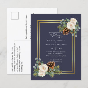 Carte Postale BUDGET Mariage d'hiver Roses blanches Or Dusty Ble