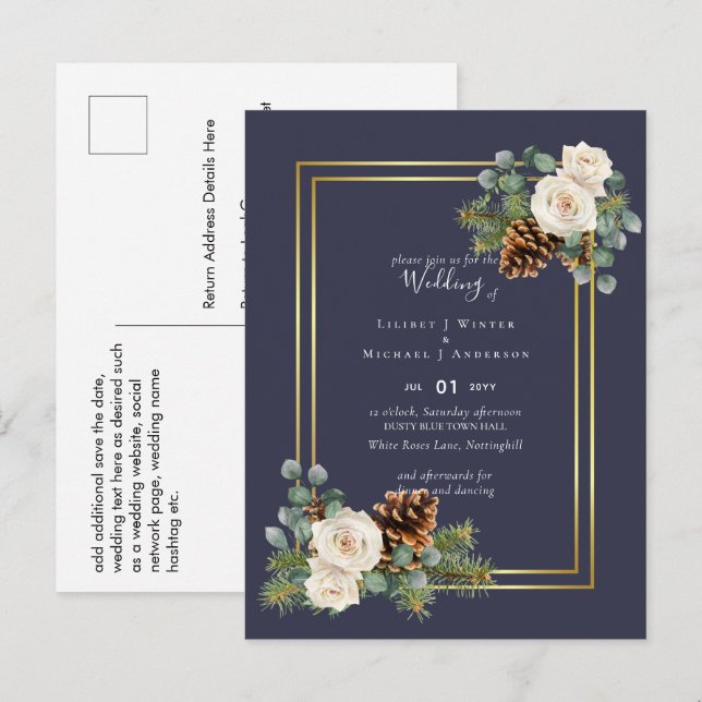 Carte Postale BUDGET Mariage d'hiver Roses blanches Or Dusty Ble (Devant / Derrière)