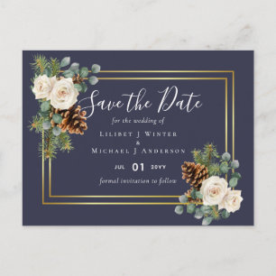 Carte Postale BUDGET Mariage d'hiver Roses blanches Or Dusty Ble
