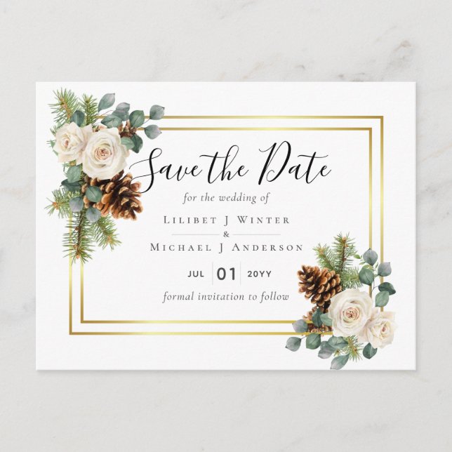 Carte Postale BUDGET Mariage d'hiver Roses blanches Or Dusty Ble (Devant)
