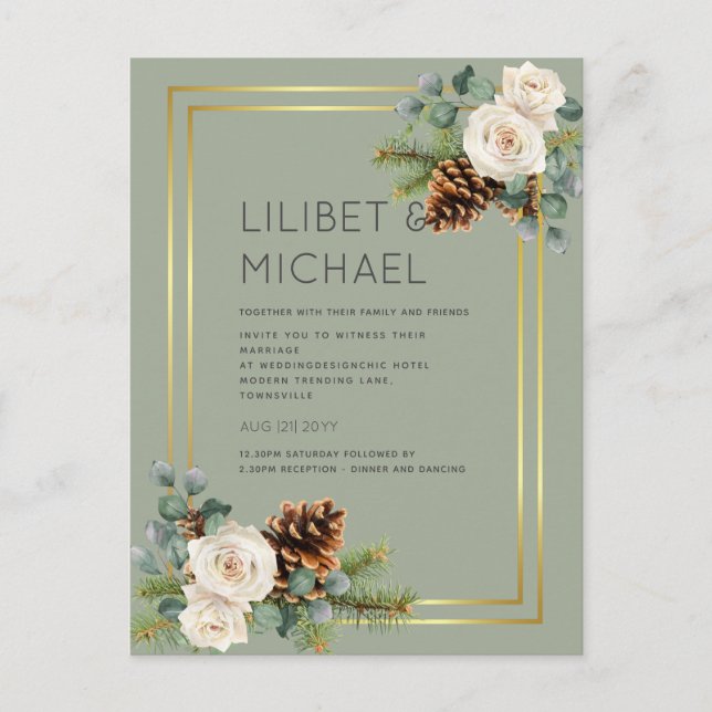 Carte Postale BUDGET Mariage d'hiver Roses blanches Or Dusty Ble (Devant)