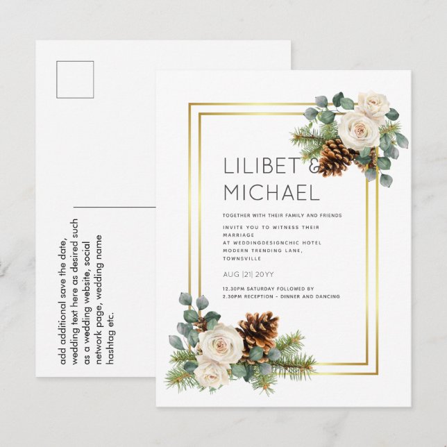 Carte Postale BUDGET  Mariage d'hiver Roses blanches poussiéreus (Devant / Derrière)