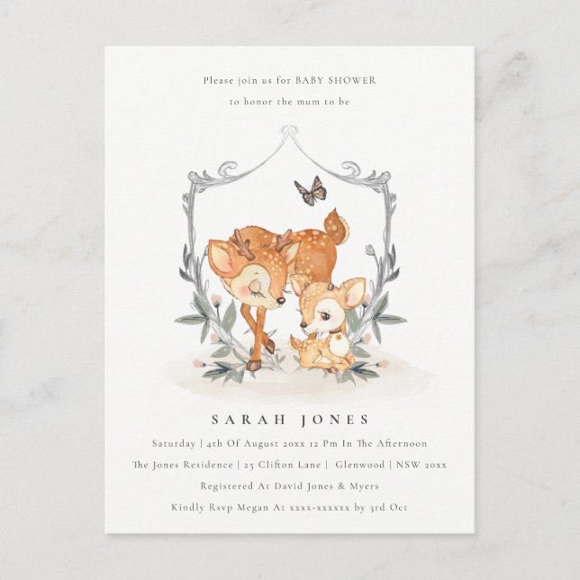 Carte Postale Budget Mum Deer Fawn Floral Crest Baby shower (Devant)