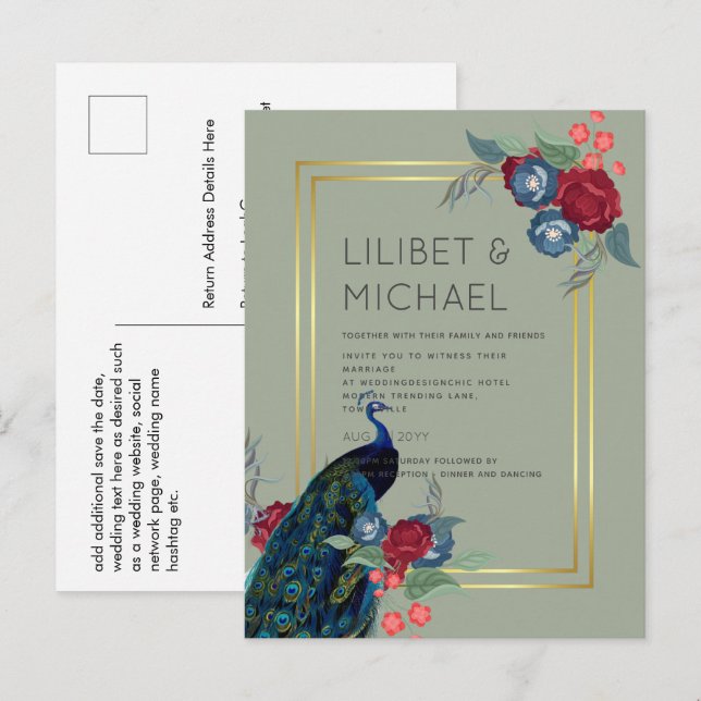 Carte Postale BUDGET Peacock Bleu Bourgogne Mariage de automne d (Devant / Derrière)