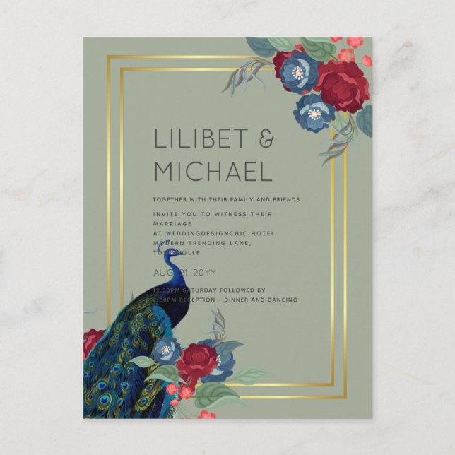 Carte Postale BUDGET Peacock Bleu Bourgogne Mariage de automne d (Devant)