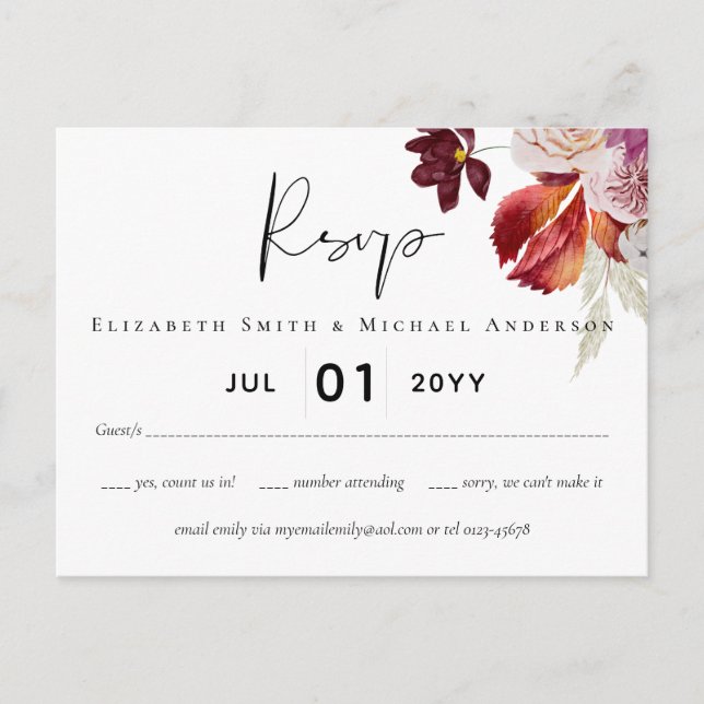 Carte Postale BUDGET Plum Cinnamon Mariage Automne Florales (Devant)