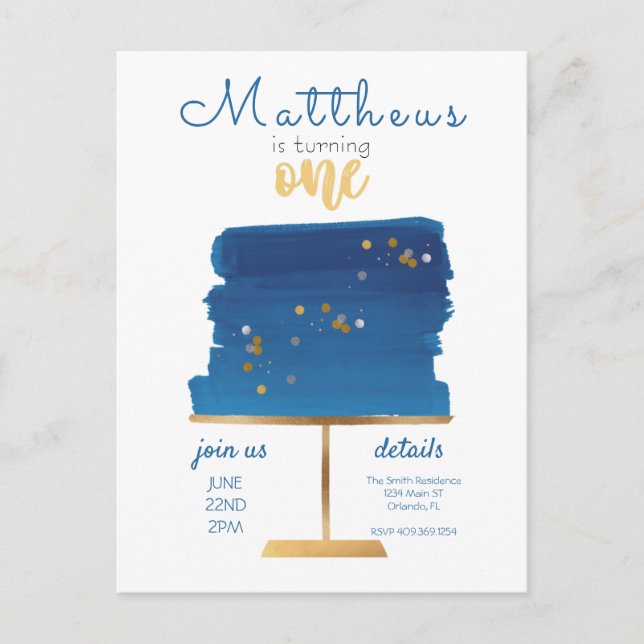Carte Postale Budget | Premier anniversaire bleu, argent et or (Devant)