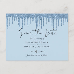 Carte Postale Budget Pretty Girly BLUE Glitter Mariage Save The 