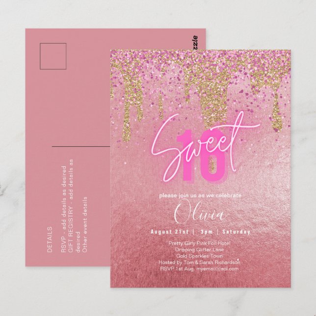 Carte Postale Budget Sweet 16 Parties scintillant rose Foil Girl (Devant / Derrière)
