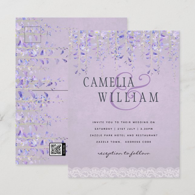 Carte Postale BUDGET Wisteria Purple Floral Lace Mariage INVITE (Devant / Derrière)