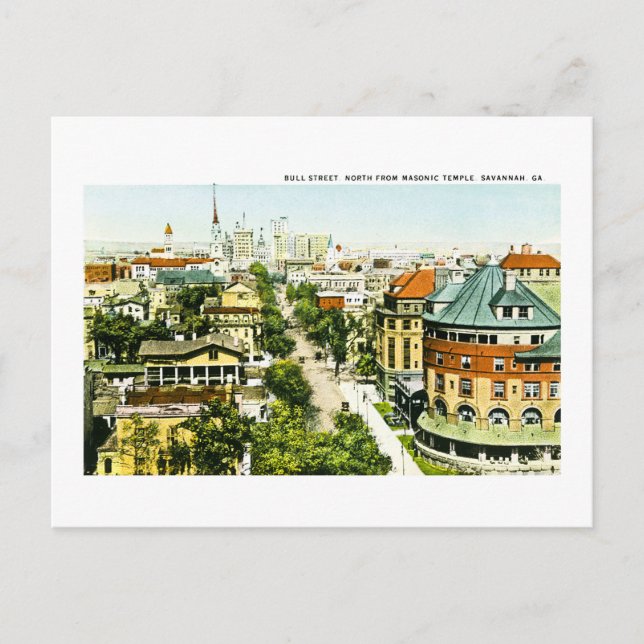 Carte Postale Bull Street Nord de Temple Masonique, Savannah, GA (Devant)