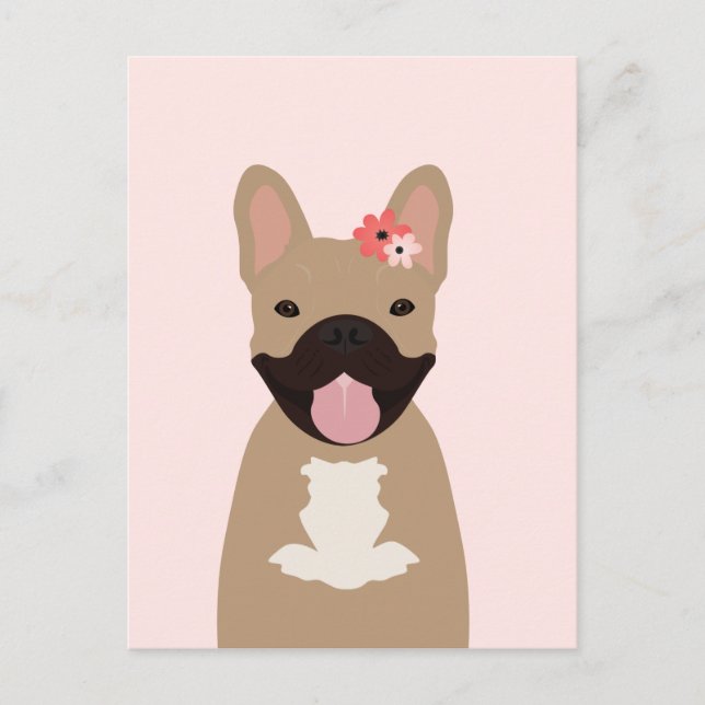 Carte Postale Bulldogs français Fleurs souriantes rose (Devant)