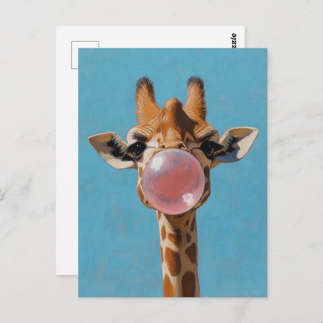 Carte Postale Bulle de bulle rose de girafe (Devant / Derrière)