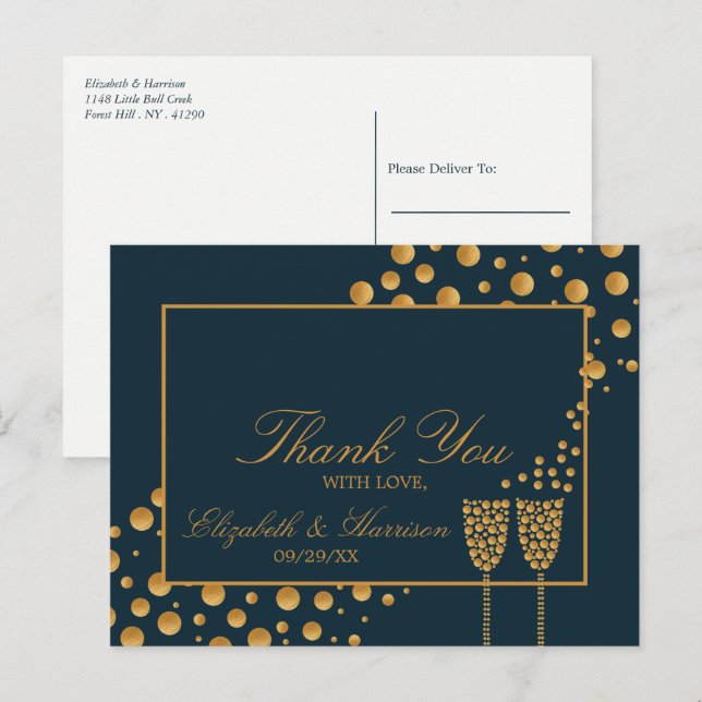 Carte Postale Bulles de Champagne d'or - Bleu & Or - Merci (Devant / Derrière)