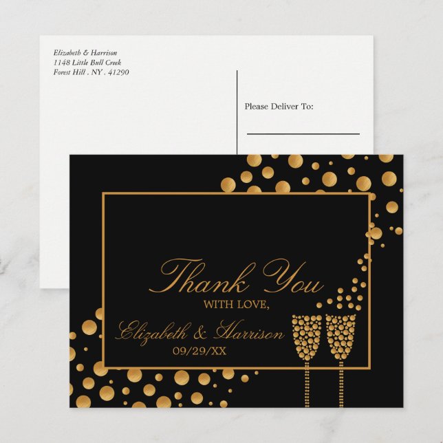 Carte Postale Bulles de Champagne Doré - Noir & Or - Merci (Devant / Derrière)