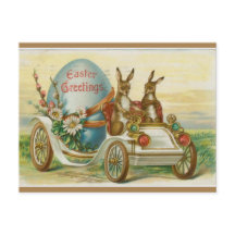 Bunnies vintages dans une voiture avec Oeuf de Pâq