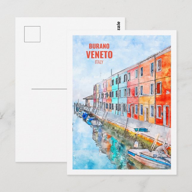 Carte Postale Burano Veneto Italie Aquarelle de voyage célèbre (Devant / Derrière)
