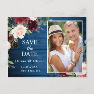 Carte Postale Burgundy Bleu Bleu Mariage Photo Enregistrer la da