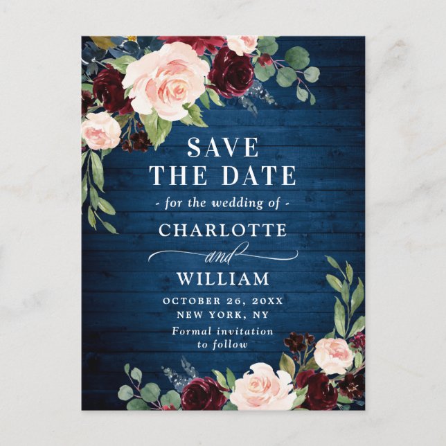 Carte Postale Burgundy Bleu Blush Mariage rustique Enregistrer l (Devant)