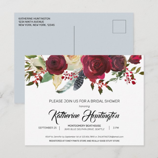 Carte Postale Burgundy Bloom Floral Préimprimé Adresse de retour (Devant / Derrière)