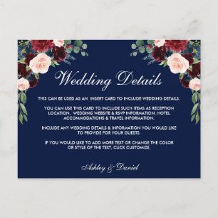Carte Postale Burgundy Blue Floral Détails du Mariage Insérer un